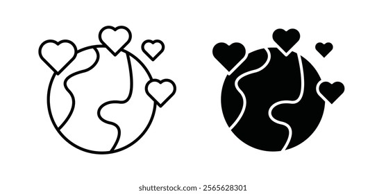 Earth love heart icons in black and white colors