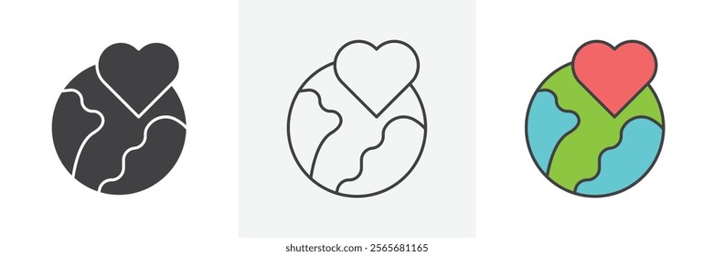 Earth love heart icons in black and colored versions