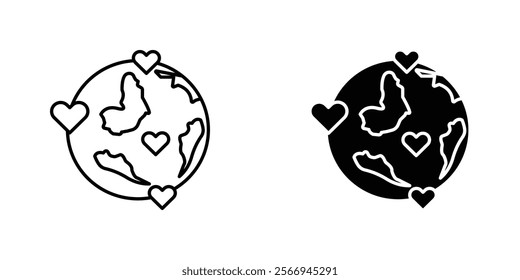 Earth love heart icons. black and white vector set.