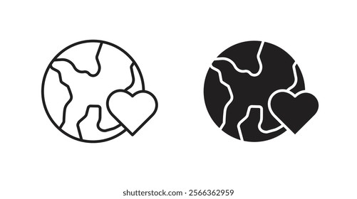 Earth love heart icons in line stroke and flat versions