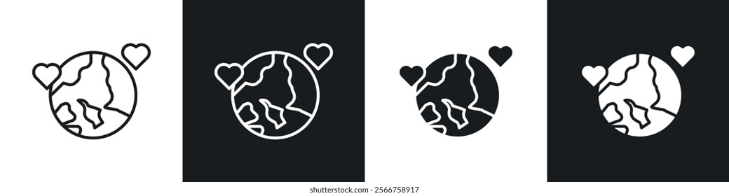 Earth love heart icons in Thin line black color. flat simple vector symbols illustration.