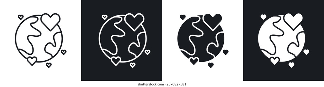 Earth love heart icons vectors set in black. line and flat versions