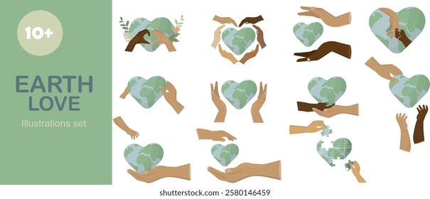 Earth Love Heart-Shaped Globe Diversity Hand Illustrations Set. diverse hands interacting with heart-shaped Earth globes, representing unity and environmental care. Vector illustration set. 