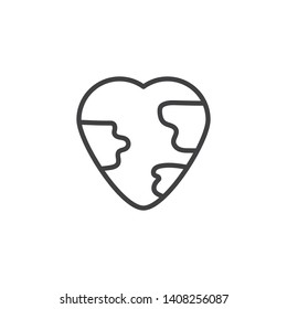 Earth Love Line Icon.  Heart Globe Linear Style Sign For Mobile Concept And Web Design. World Earth Day Outline Vector Icon. Symbol, Logo Illustration. Vector Graphics