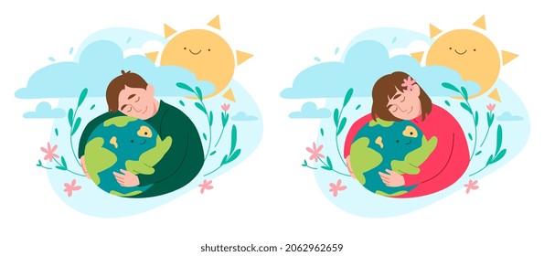 Earth with love. Man and girl hug planet, care for environment, global problems. Waste recycling, waste reduction. Environmental activists, green, eco friendly. Cartoon flat vector illustration