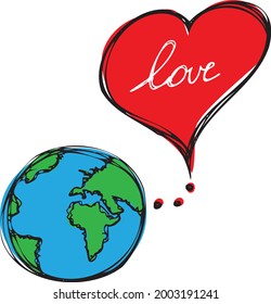 La tierra y el símbolo del amor. Concepto creativo con el mundo dibujado a mano. Ilustración vectorial.