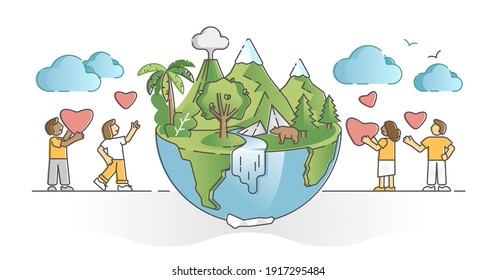 Earth loving and care as sustainable ecosystem protection outline concept. Wildlife biodiversity support and nature friendly climate vector illustration. Responsible attitude to animals and planet.