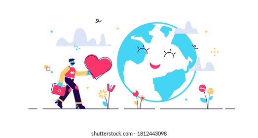 Earth loving vector illustration. Climate protection and planet help support flat tiny persons concept. Nature greeting with symbolic heart. Clean, renewable and sustainable living to save ecosystem.