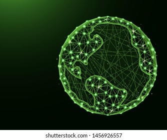 Earth low poly design, Planet in polygonal style, globe vector illustration on dark green background