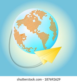 The Earth, made of paper, with planes