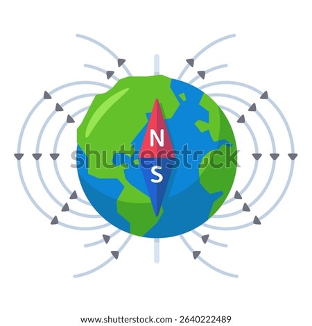 Earth with magnetic field lines and compass needle, depicting global magnetism and navigation concepts.