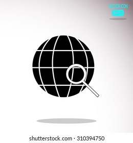 Earth with magnifying glass search icon, vector illustration