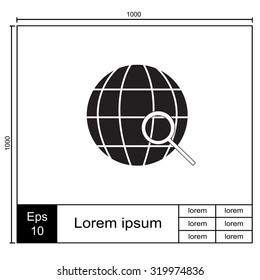 Earth with magnifying glass search icon, vector illustration.