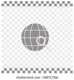 Earth with magnifying glass search icon, vector illustration.