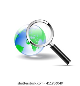 Earth with magnifying glass search icon