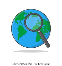 Earth With Magnifying Glass Vector Icon Illustration. World Globe And A Magnifying Glass Flat Icon