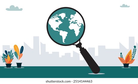 Earth and Magnifying. Vector business. Global world economic analysis, international work opportunity, oversea research or investment country risk, region or foreign career searching concept.