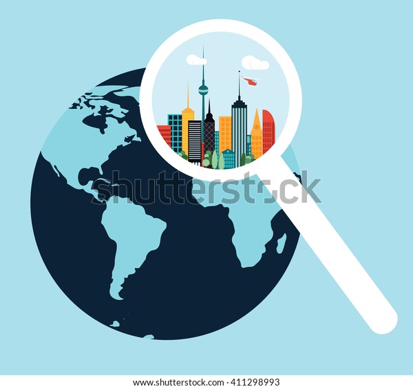 Earth map and city under\
magnifier
