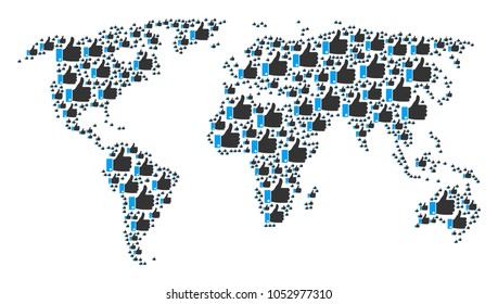 Earth map collage created of thumb up icons. Vector thumb up pictograms are united into conceptual global illustration.