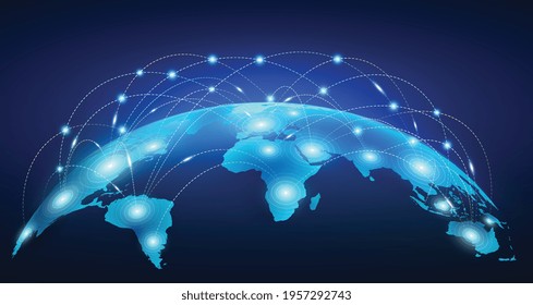 Earth map with connected global social network connections.  Satellite Internet, modern Internet data transmission technologies.