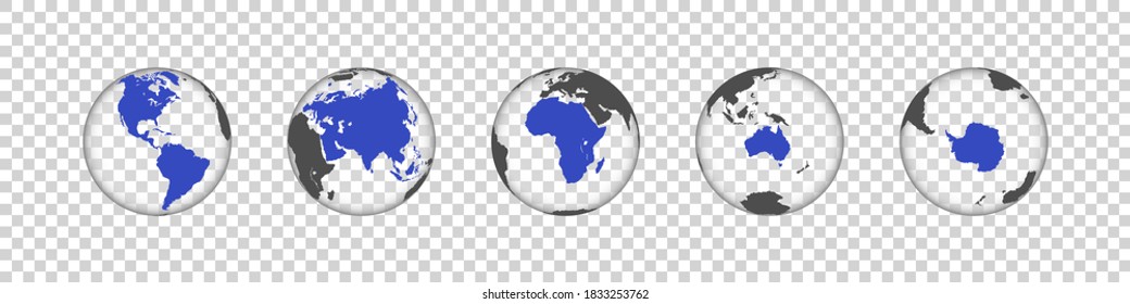 Earth Map. Continents of earth. Earth Globe. World Map in circle. Globes web icon. Transparent globe. Vector illustration