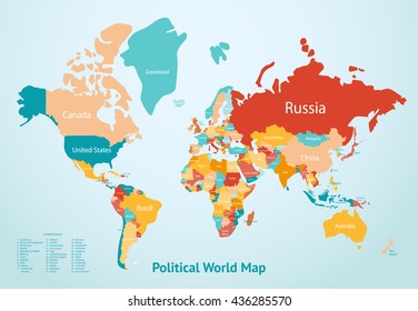 Earth map with countries divided by color and description of political world map vector illustration