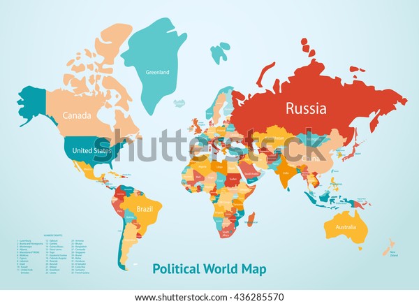 Earth map with countries
divided by color and description of political world map vector
illustration