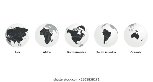 Un icono de mapa de la Tierra con cinco continentes de diseño vectorial. Los continentes se enfrentan a asia, áfrica, américa del norte, sudamérica, oceanía.