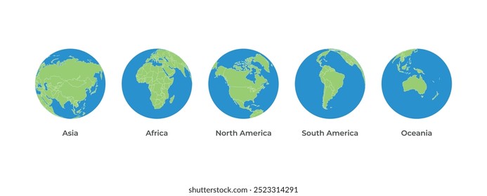 Earth map globe icon set with five continents vector. continents front facing green and blue color asia, africa, north america, south america, oceania.