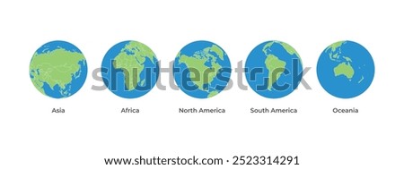 Earth map globe icon set with five continents vector. continents front facing green and blue color asia, africa, north america, south america, oceania.