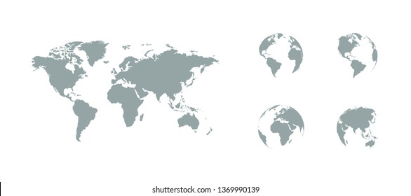 Earth map with earth globes. Earth Globes icons. World map. Earth in flat design. Eps10