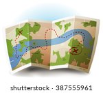 Earth Map Icon/
Illustration of a printed earth and treasure map icon with countries, river and legends, for game user interface and with grunge texture on paper sheet
