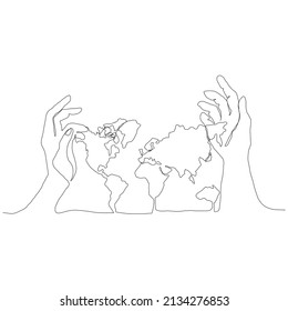 La línea del mapa de la Tierra continúa dibujando con las manos sobre fondo blanco. Ilustraciones vectoriales para banners