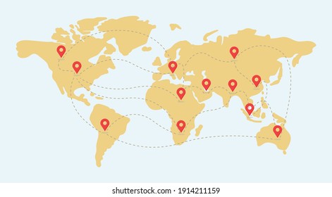 Earth map with location point marks vector flat illustration. World wide shipping, delivery, location, GPS navigation concept. Traveling around the world, map with continents design element.