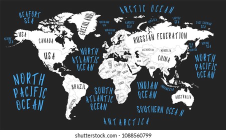 Earth map with the name of the countries