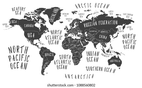 Earth map with the name of the countries