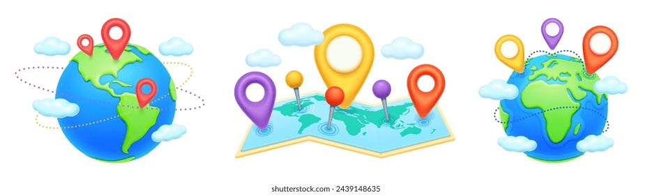Earth map with navigation points, traveling pins. Vector globe planet with destinations, 3D design vector illustration. Cartography map with Asia, Europa America continents, international gps road