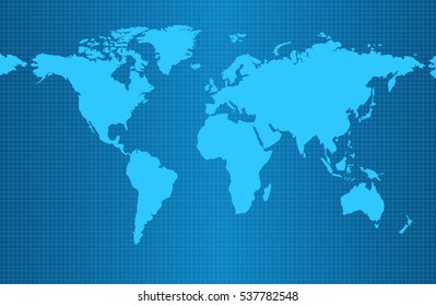 Earth map on blue gradient background with grid and all major earth continents - Eurasia, North and South America, Africa, Australia.