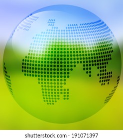 Earth with map on blurred landscape background.  Eco template for wed design. Mesh is used to create smooth color transaction. 