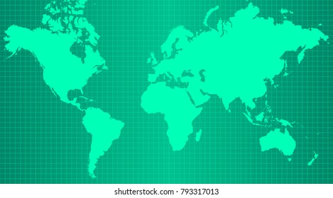 Earth map on trendy green gradient background with grid and all major earth continents - Eurasia, North and South America, Africa, Australia.