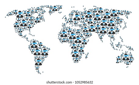Earth map pattern composed of masked thief icons. Vector masked thief design elements are united into mosaic continental collage.