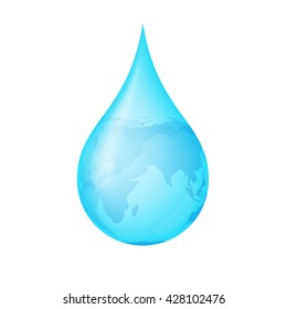 Earth map in Water Drop on White Background