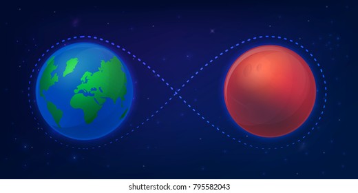 Earth and Mars on the space background. Travel ro the red planet.