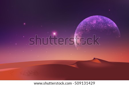 earth from Mars view piont, Mars mountains, view from the valley, science background; Earth and galaxy