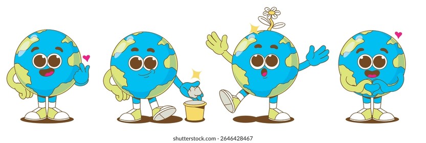 Earth mascot character set. Cartoon with poses encourage saving planet, global warming, environmental protection, ecology