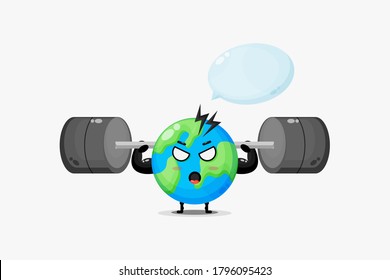 The earth mascot raises a barbell