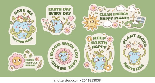 Earth mascot stickers. Cartoon cute planet character, different poses, actions, funny globe with face, ecological symbol, environment care, nature and ecology, garish vector set