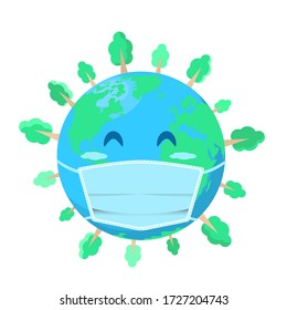 Earth in a medical mask with green continents and with trees in vector graphics