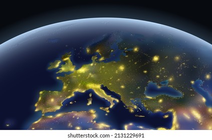 Earth Mediterranean at night from space. Vector illustration of a realistic landscape of the European part and territories of the Mediterranean. A sketch for creativity.