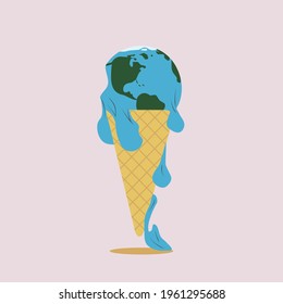 The Earth is melting. Concept vector illustration. Global warming concept, The earth is melting like an ice cream on the waffle cone on pink background. 